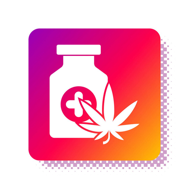 Witte medische fles met marihuana of cannabis blad icoon geïsoleerd op witte achtergrond. Mock up van cannabis olie extracten in potten. Vierkante kleur knop. Vector Illustratie - Vector, afbeelding