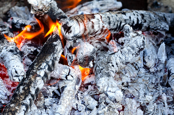 Cinzas e fogo sobre a madeira
 - Foto, Imagem