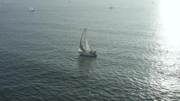 カリフォルニア州のヴェネツィアビーチ近くの海岸に沿って航行ヨットのドローンパノラマショット - 映像、動画