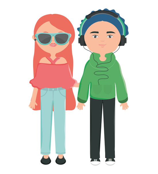 pareja joven con gafas de sol y audífonos estilo urbano - Vector, imagen