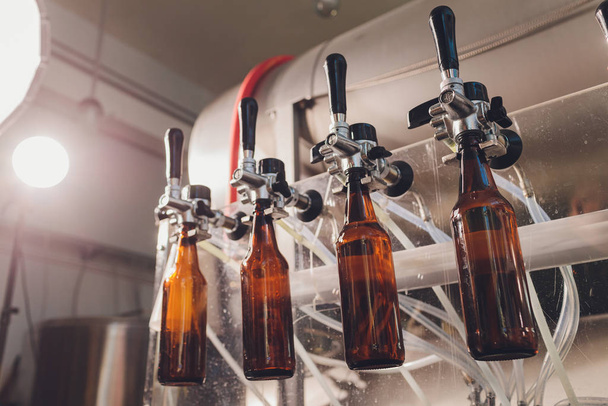 Panimotehdas läikyttää olutta lasipulloihin kuljetinlinjoilla. Teollisuustyö, elintarvikkeiden ja juomien automatisoitu tuotanto. Teknologinen työ tehtaalla
. - Valokuva, kuva