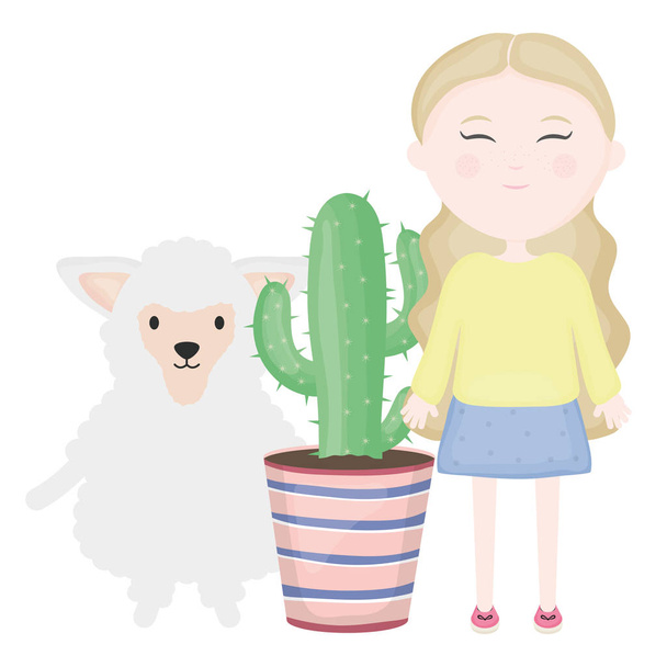 cute sheep and girl with exotic cactus in ceramic pot - Vettoriali, immagini