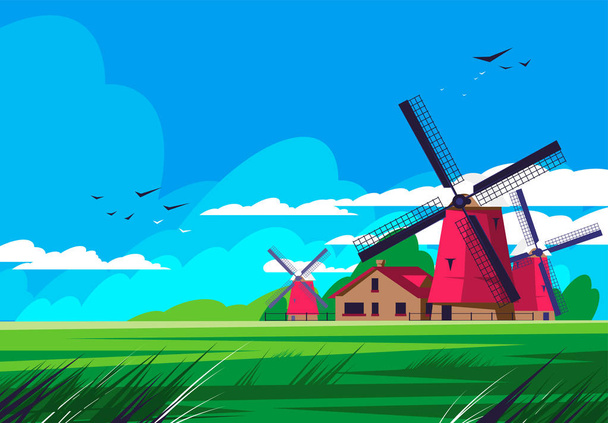 Vector illustratie van het Nederlandse platteland, met molens en huizen - Vector, afbeelding