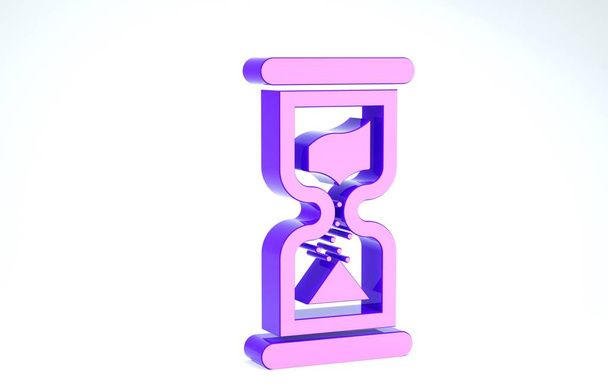 Fialové Staré přesýpací hodiny s tekoucí pískovou ikonou izolované na bílém pozadí. Pískové hodiny. Obchodní a časová koncepce. 3D ilustrace 3D vykreslení - Fotografie, Obrázek
