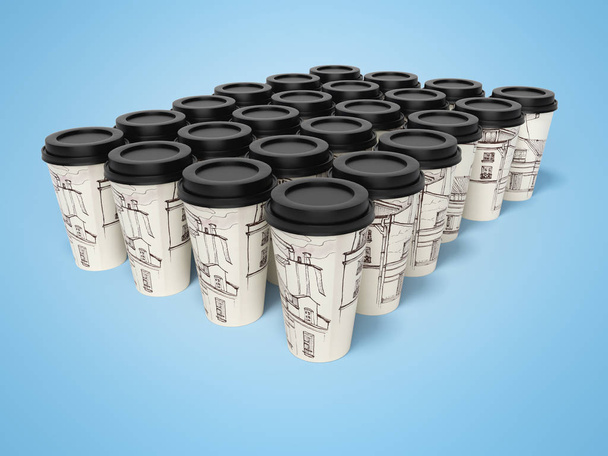 Gruppe Kaffeetassen für Kaffee 3D-Rendering auf blauem Hintergrund Witz - Foto, Bild