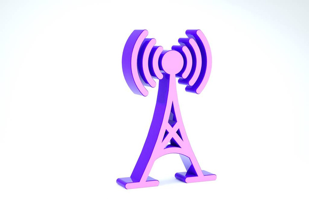 Fioletowa ikona anteny odizolowana na białym tle. Radiowa antena bezprzewodowa. Technologia i antena radiowa sygnału sieciowego. Ilustracja 3d - Zdjęcie, obraz