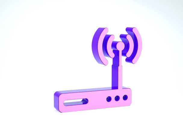 Routeur violet et symbole de signal wi-fi icône isolée sur fond blanc. Routeur de modem Ethernet sans fil. Internet informatique. Illustration 3D rendu 3D
 - Photo, image