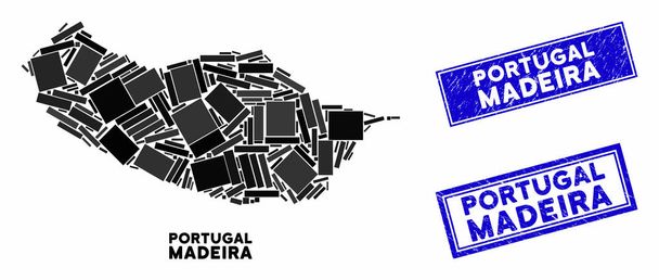 Mosaic Portugal Madeira Island Map and Distress Rectangle Seals - Vector, Image