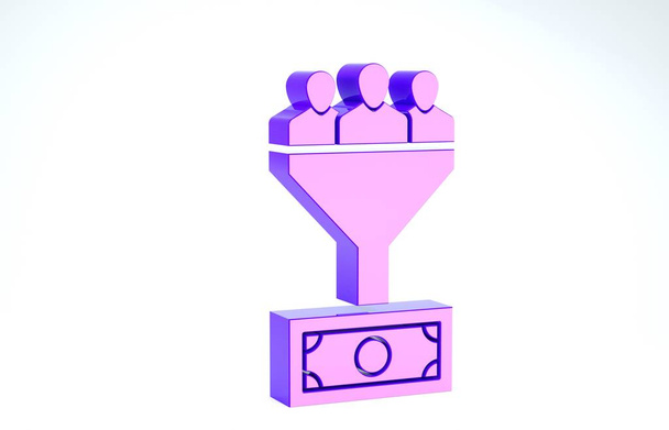 Icono de gestión de plomo púrpura aislado sobre fondo blanco. Embudo con gente, dinero. Concepto de negocio del cliente objetivo. 3D ilustración 3D render
 - Foto, imagen