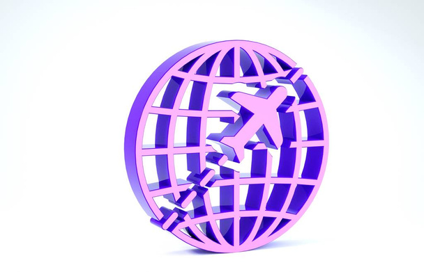 Purple Globe met vliegend vliegtuig pictogram geïsoleerd op witte achtergrond. Vliegtuig vliegt rond de planeet aarde. Vliegtuig wereld icoon. 3d illustratie 3d renderen - Foto, afbeelding