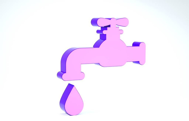 lila Wasserhahn mit einem fallenden Wassertropfen-Symbol auf weißem Hintergrund. 3D Illustration 3D Renderer - Foto, Bild
