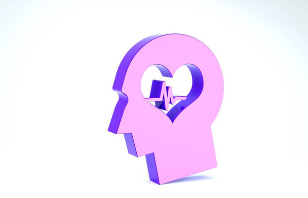 Cabeza masculina púrpura con un icono de latido del corazón aislado sobre fondo blanco. Cabeza con salud mental, atención médica y signo médico. 3D ilustración 3D render
 - Foto, imagen