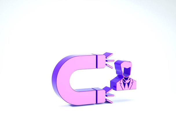 Client violet attirant icône isolée sur fond blanc. fidélisation de la clientèle, support et service. Homme client attirant avec aimant. Illustration 3D rendu 3D
 - Photo, image