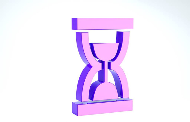Fialové Staré přesýpací hodiny s tekoucí pískovou ikonou izolované na bílém pozadí. Pískové hodiny. Obchodní a časová koncepce. 3D ilustrace 3D vykreslení - Fotografie, Obrázek