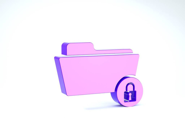 Purple Folder and lock icon isolated on white background. Closed folder and padlock. Security, safety, protection concept. 3d illustration 3D render - Photo, Image