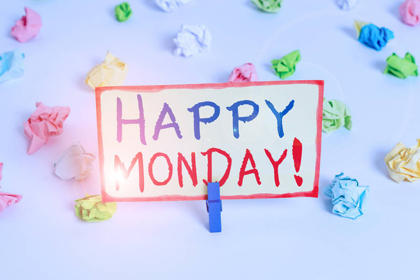 Handwriting text Happy Monday. Concept meaning telling that demonstrating order to wish him great new week Colored crumpled papers empty reminder white floor background clothespin. - Photo, Image