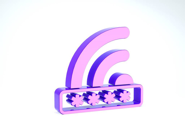 Purple Wifi locked sign icon isolated on white background. Password wi-fi symbol. Wireless Network icon. Wifi zone. Limited access. 3d illustration 3D render - 写真・画像