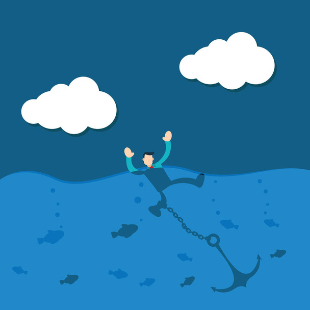 Ilustración vector gráfico personaje de dibujos animados de hombre de negocios se hundió en el mar y el ancla encadenada
 - Vector, Imagen