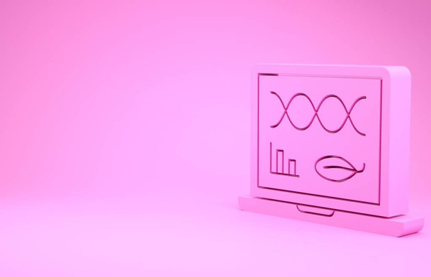 Pink Genetic engineering modification on laptop icon isolated on pink background. DNA analysis, genetics testing, cloning. Minimalism concept. 3d illustration 3D render - Photo, Image