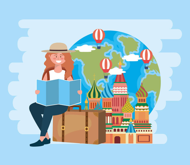 mujer sentada en el equipaje con mapa global y globos aéreos - Vector, imagen
