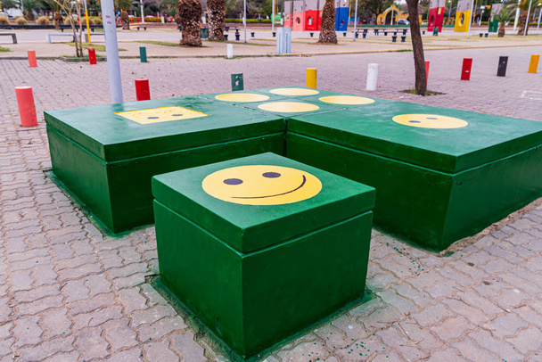 Children kid playground for leisure and recreation activity with toy and slider leftover in the park in childhood color style. - Photo, Image