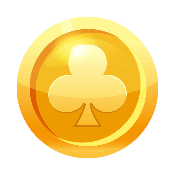 Золотые монеты с символом клуба, значком, интерфейсом игры, золотым металлом. Для веб-интерфейса, графического интерфейса игры или приложения. Векторная иллюстрация
 - Вектор,изображение