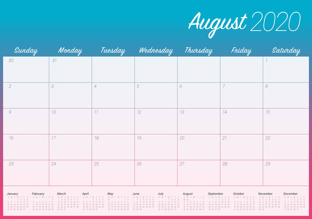 2020 Αυγούστου ημερολόγιο φορέα εικονολόγιο - Διάνυσμα, εικόνα