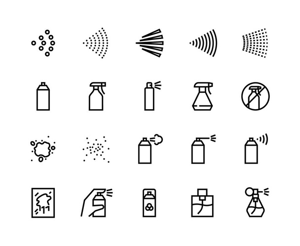 Spray line icons. Can with cleaning aerosol, outline hand with sprayer, disinfectant deodorant and perfumes. Vector isolated set - ベクター画像