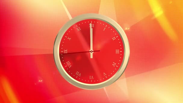 Animowany złoty zegar na abstrakcyjnym czerwono-pomarańczowym cyfrowym tle 3D. Ostatnie 20 sekund do 12: 00. - Materiał filmowy, wideo