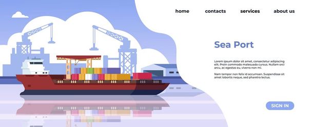 Stránka pro přistání v přístavu. Námořní doprava a námořní logistika webové stránky s nákladní lodě a nákladní plavidla. Vektorová stránka - Vektor, obrázek