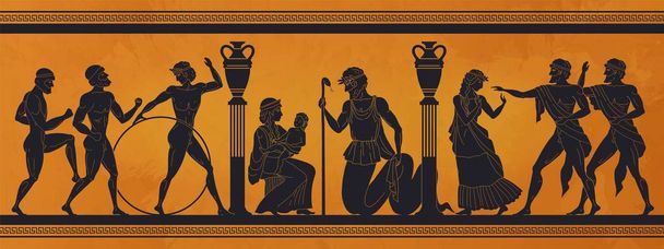 Oude Griekse mythologie. Antieke geschiedenis zwarte silhouetten van mensen en goden op aardewerk. Vector archeologie patroon - Vector, afbeelding