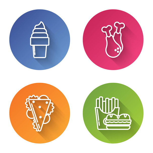 Set line Ice cream in waffle cone, Chicken leg, Sandwich and Burger and french fries in carton package box. Color circle button. Vector - Vector, Image