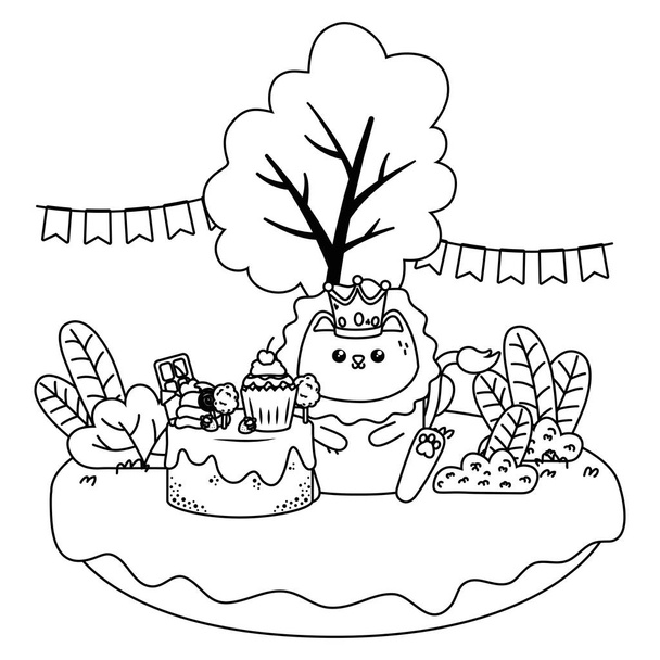 Kawaii lion with happy birthday cake design - Vektori, kuva