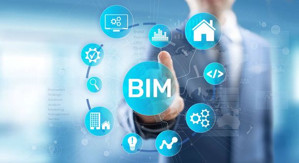 Koncepcja BIM Building Information Modeling Technology na wirtualnym ekranie. - Zdjęcie, obraz