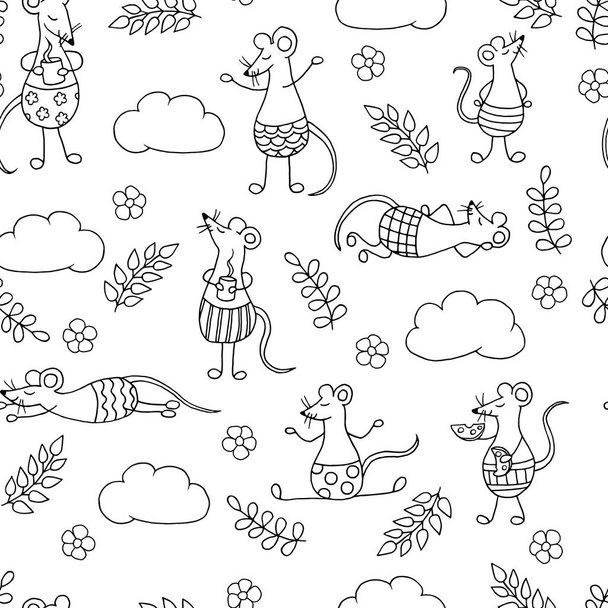 Vector seamless pattern with hand drawn cute Doodle rats, 2020 symbol, coloring page - Vector, afbeelding