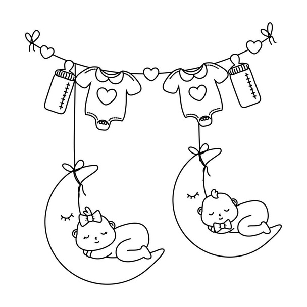 babys sleeping over the moon in black and white - Vector, Image