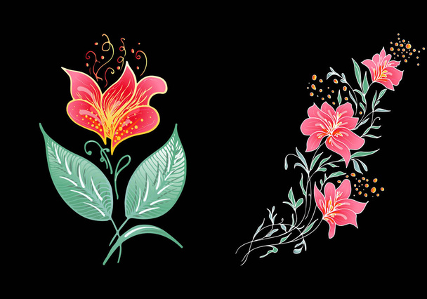 Set of two summer colorful tropical flowers. Floral botanical flower set isolated on black background. Hand drawn vector collection. Botanical Hawaii nature. Tropical palm icon. Hawaiian illustration - Vector, afbeelding