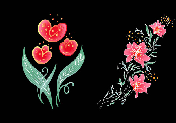 Set van twee zomerse kleurrijke tropische bloemen. Bloemen botanische bloem set geïsoleerd op zwarte achtergrond. Handgetekende vectorverzameling. Botanische Hawaï natuur. Tropisch palm icoon. Hawaiiaanse illustratie - Vector, afbeelding