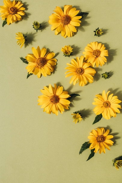 Floral σύνθεση με κίτρινα μπουμπούκια μαργαρίτας. Flatlay, πάνω όψη. - Φωτογραφία, εικόνα