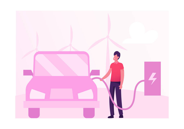 Koncepcja transportu ekologicznego. Mężczyzna ładuje samochód elektryczny na tle z wiatrakami do produkcji zielonej energii. Ochrona środowiska, ekologia Zrównoważony rozwój, czyste powietrze. Ilustracja wektora płaskiego kreskówki - Wektor, obraz