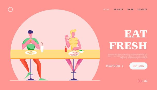ジャンクフードカフェのウェブサイトランディングページを訪れるキャラクター。訪問者男性と女性は、レストランでファーストフードを食べるデスクに座っています。レジャー休憩時間のWebページ｜バナー漫画フラットベクトルイラスト - ベクター画像