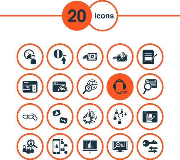 Business-Icons mit Zielseite, ganztägiger Unterstützung, bloggenden Rechercheelementen. Ikonen des Wirtschaftslebens. - Foto, Bild