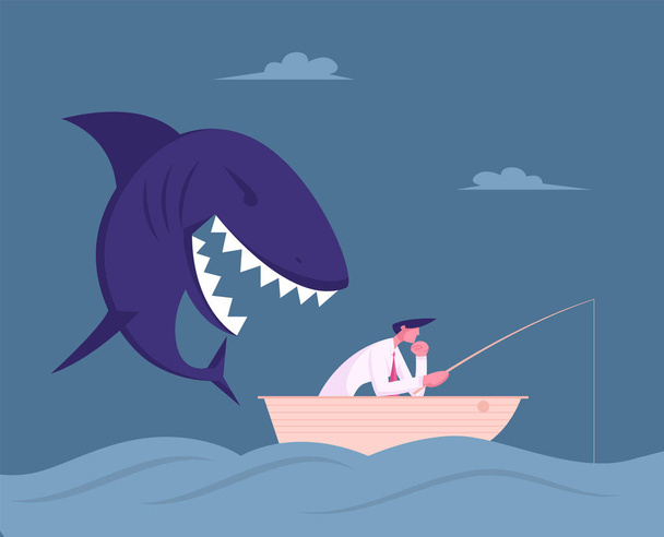 Thoughtful Businessman Sitting in Boat with Fishing Rod Catching Fish in Ocean, Huge Shark Sneak Up to him from Back Prepare to Attack. Unexpected Difficulties, Crisis Cartoon Flat Vector Illustration - Vector, Image