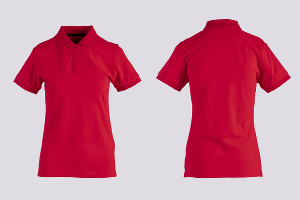 czerwone kobiety puste koszulka polo, widok z przodu i z tyłu izolowane na białym na niewidzialnym manekina - Zdjęcie, obraz