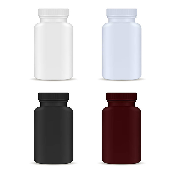 Tablettenflasche. Medizinflaschenset vorhanden. Kunststoffverpackung - Vektor, Bild