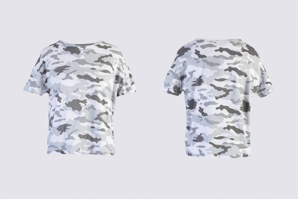 camo female t-shirt Isolated on white background front and back rear view on invisible mannequin - Photo, Image