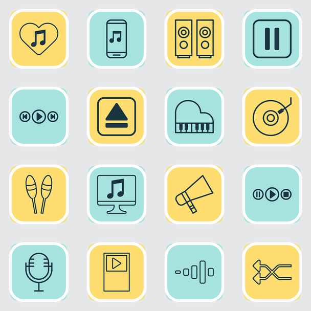 Multimedia-Icons mit Musikapplikation, Musikgerät, Audio-Buttons und anderen Extrakt-Geräteelementen. isolierte Illustration Multimedia-Ikonen. - Foto, Bild