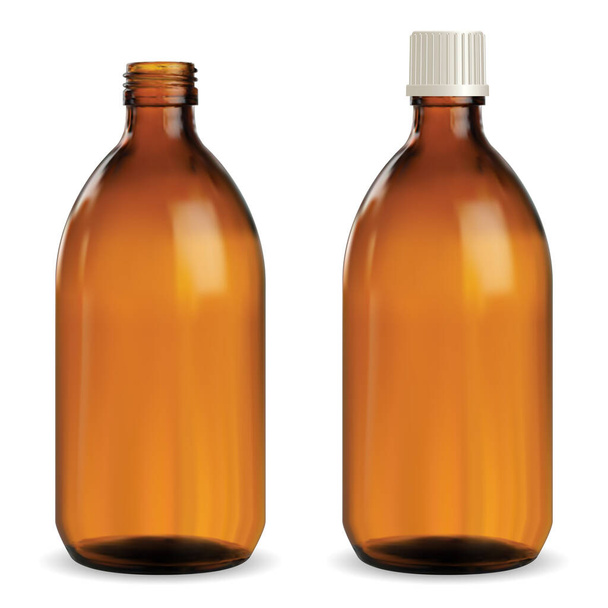 Brown Medical Bottle. Amber Glass Vial. Syrup Jar - Vector, Image