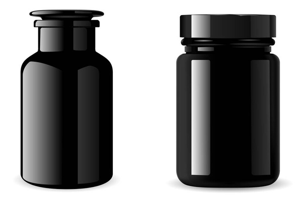 ブラックサプリメントボトル。薬瓶モックアップ。3D - ベクター画像