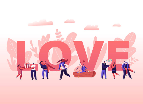 People in Love Concept. Happy Couples in Relations Walking, Having Fun Together, Floating on Boat, Giving Gifts to Each Other. Romance Poster Banner Flyer Brochure. Cartoon Flat Vector Illustration - Vector, Image